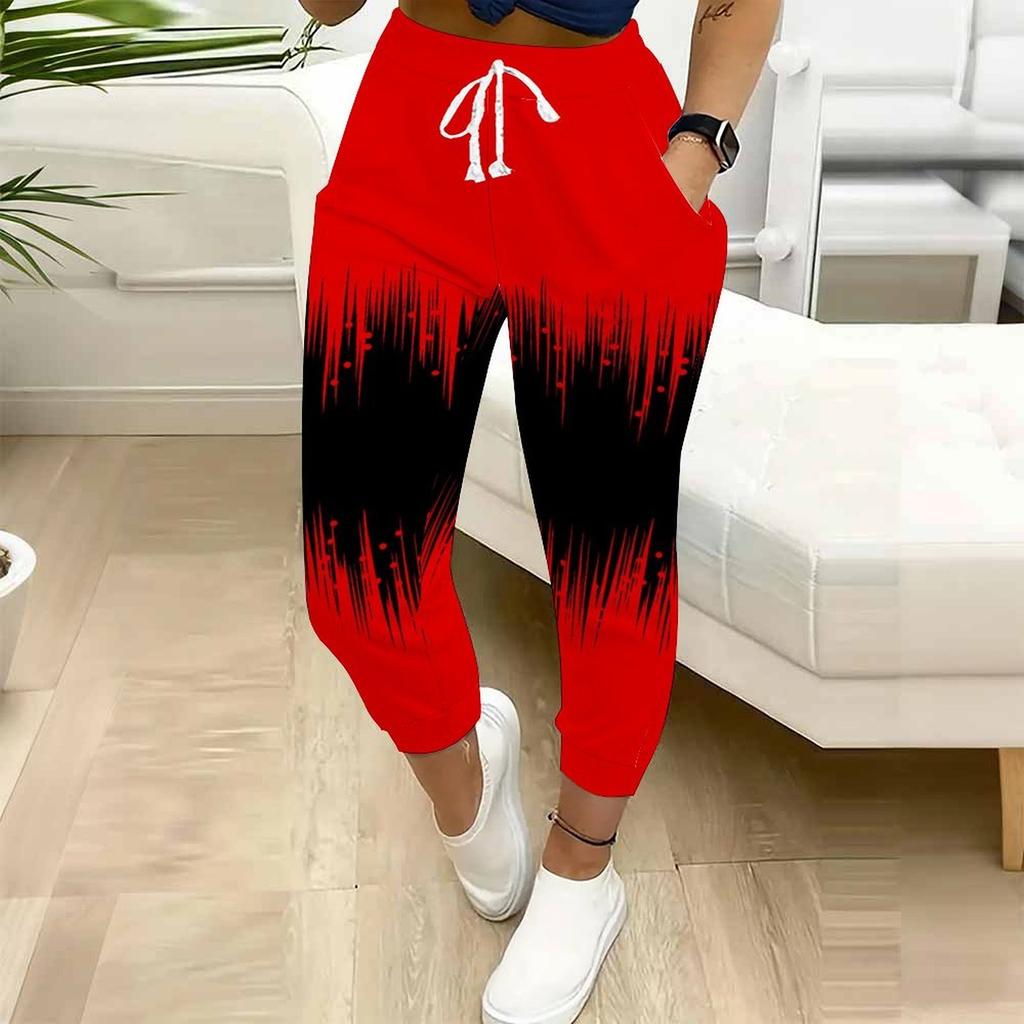 Summer Ladies  Color Blocking Printed Sweatpants Loose Fit Drawstring Joggers Elastic Cuff Daily Casual Pants