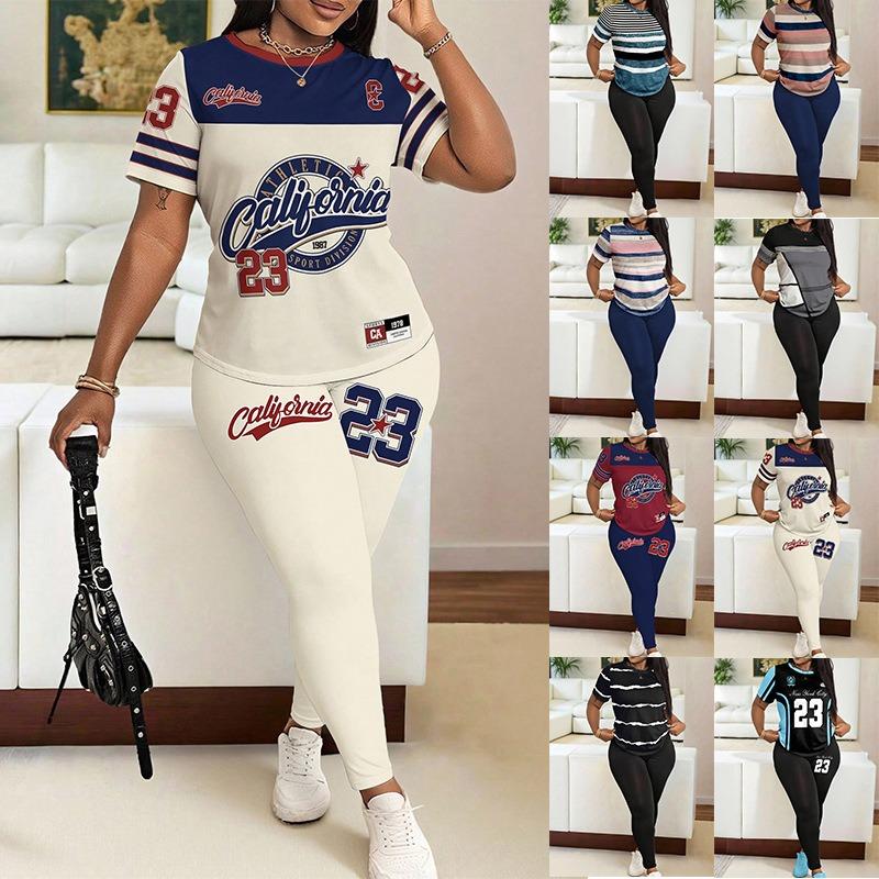 Women's 2-Piece Shirts & Long Pants Set Short Sleeve Printed T-Shirts Sport Pants