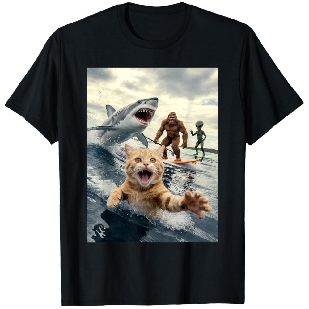 Unisexs Black Cotton TShirt with Surfing Cat Shark Design Casual Crew Neck Short Sleeve Lightweight S