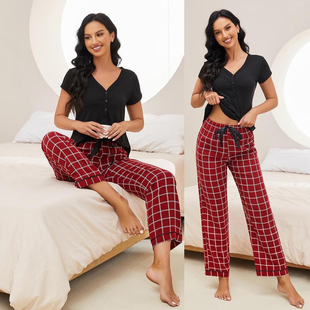 Pigiama Donna In Cotone Con Pois Svizzeri – Maniche Corte E Pantaloni A Gamba Larga – Scollo A V – Set 2 Pezzi
