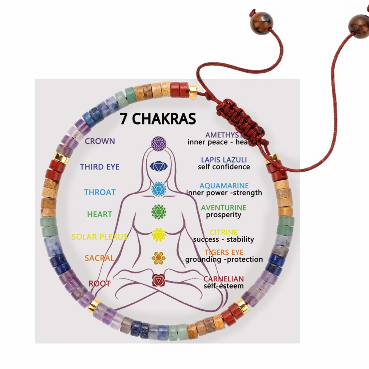 7 Chakra Natural Stone Beaded Bracelet, Healing Crystal Adjustable Cord Bracelet for Yoga  Meditation
