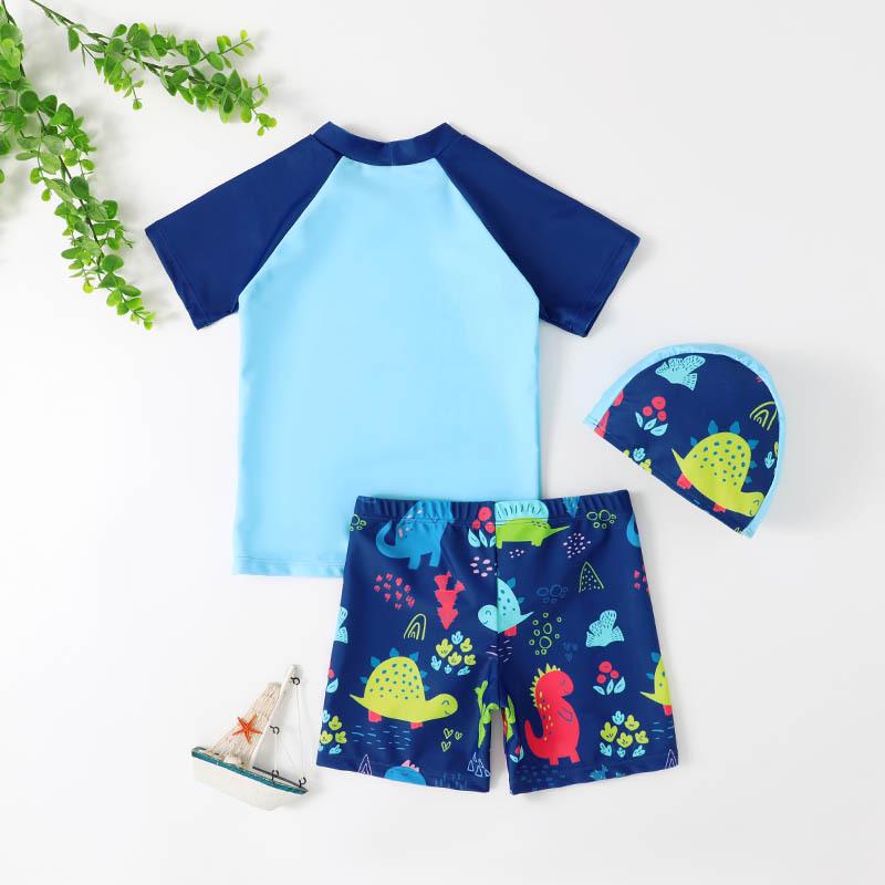 Boys' Dinosaur Print Three-Piece Swimsuit Set (2025) - Short Sleeve