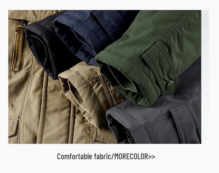 Men's Fleece-Lined Winter Coat - Thick, Casual, Multi-Pocket, Mid-Length Jacket for Middle-Aged and Elderly