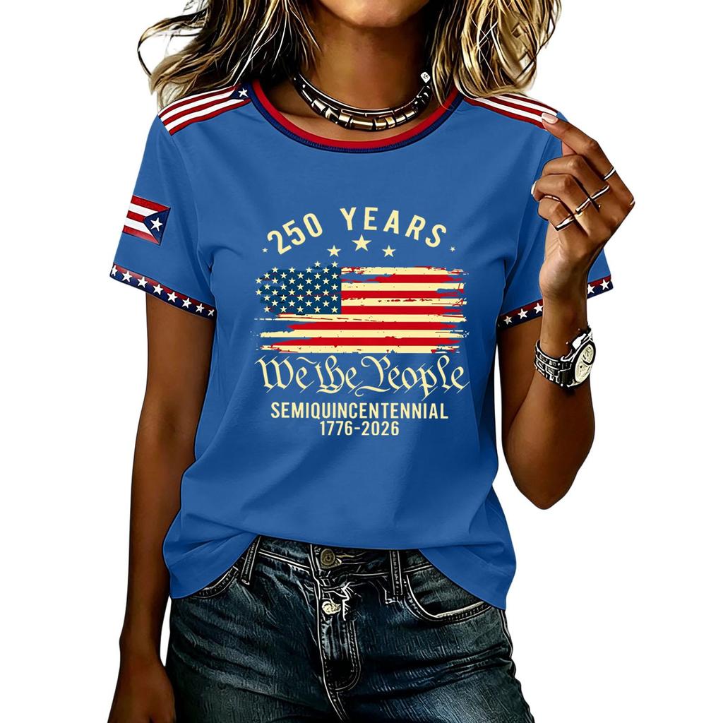 Womens Short Sleeve Crew Neck T Shirt Semiquincentennial 250 Years We the Flag Print Casual Top