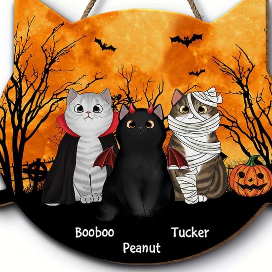 Yousheng Halloween Hanging Door Sign, Cute Cat Hanging Sign, Wooden Front Door Hanger with Hemp Rope for Porch Wall Indoor Home