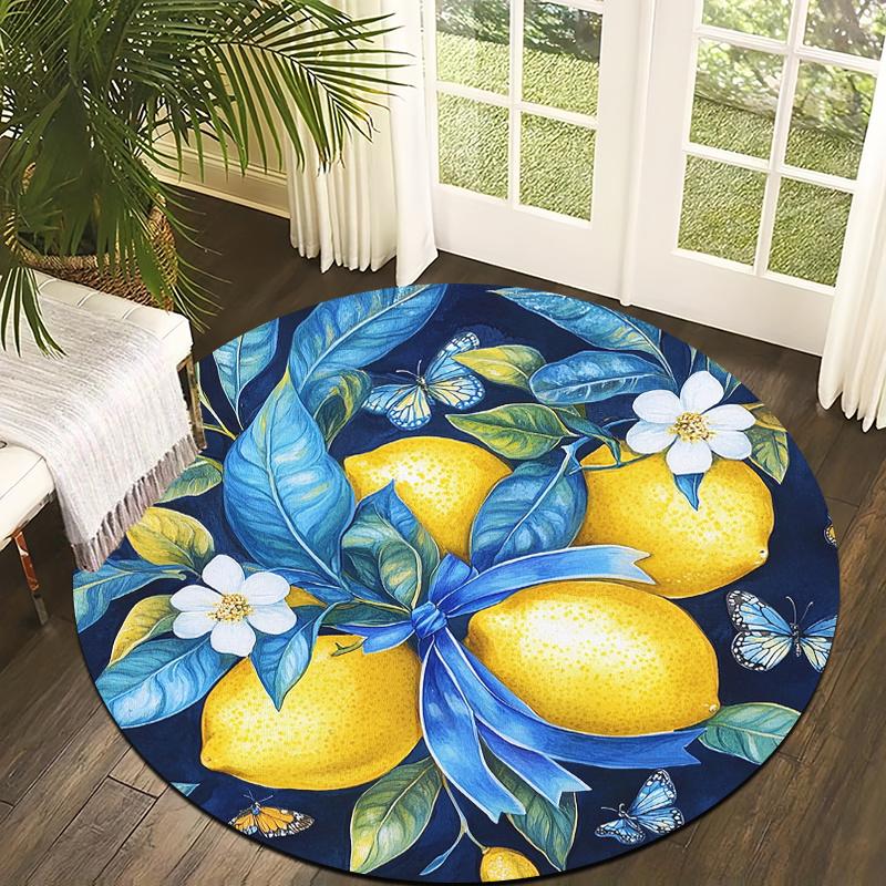 

Lemon blue ribbon pattern Flannel-printed round floor mats are slip-resistant Suitable for living bedroom terrace garden carpets 60cm