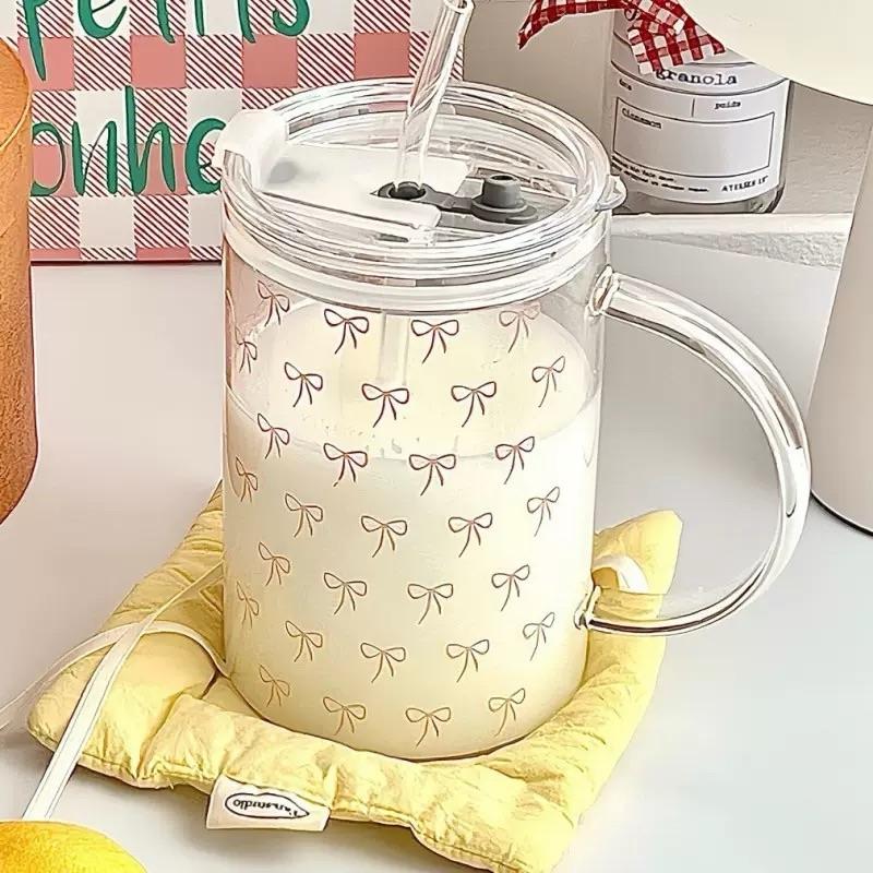 Large Capacity Handle Glass Water Cup With Lid Straw Household Heat Resistance Thickened Glass Office Coffee Mug Drinkware Cups