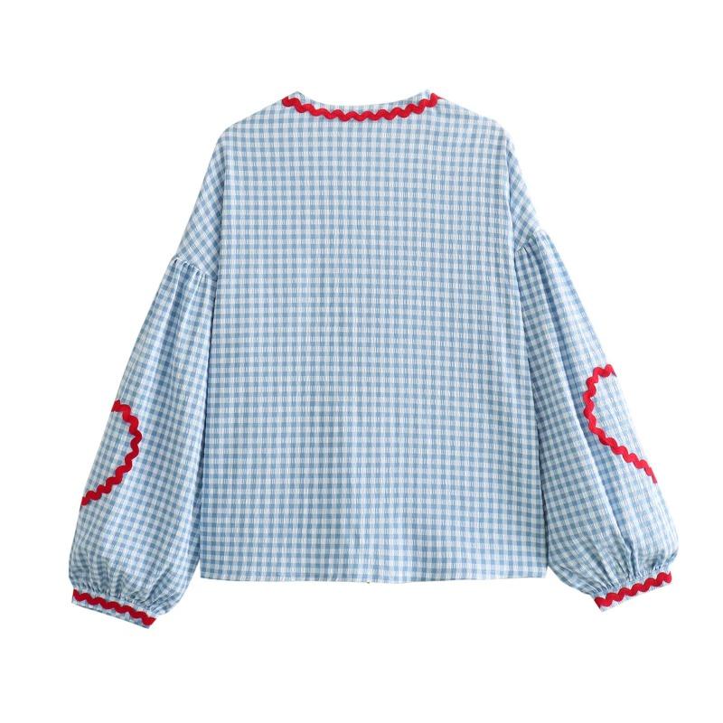 Vintage žena mřížkovaný tisk srdce patchwork šněrovací halenka dámská volná elegantní výstřih do V packet párty venkovní topy dívky jaro a léto