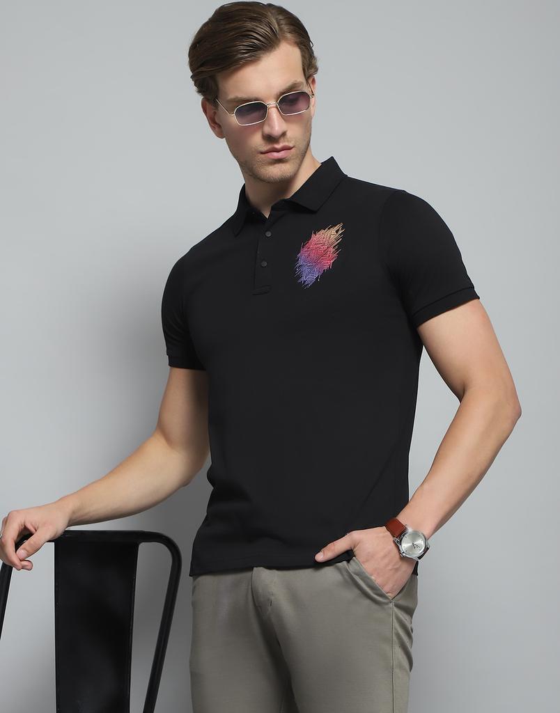 Monte Carlo Mens Printed Black Collar Neck Half Sleeve T-Shirt