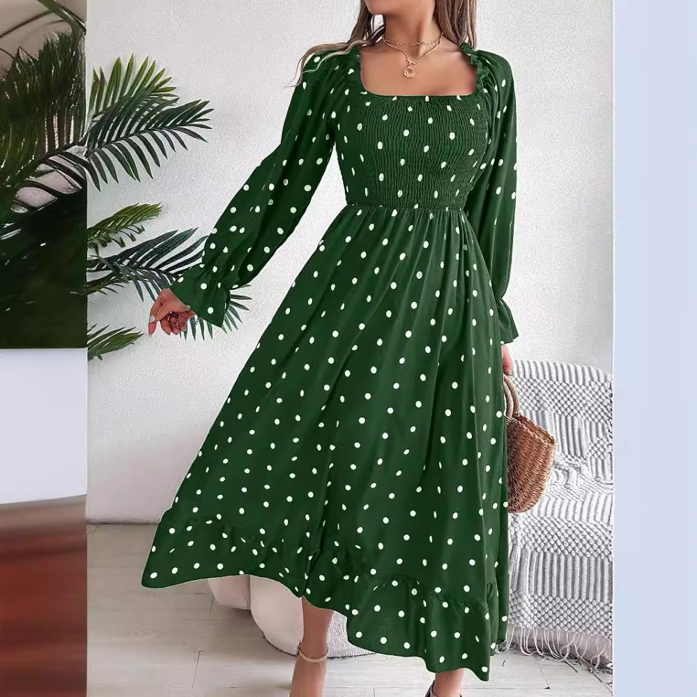 Rochie de damă cu mânecă lungă, casual, cu cercei din lemn, cu gât pătrat, cu buline, cloș, rochie lungă
