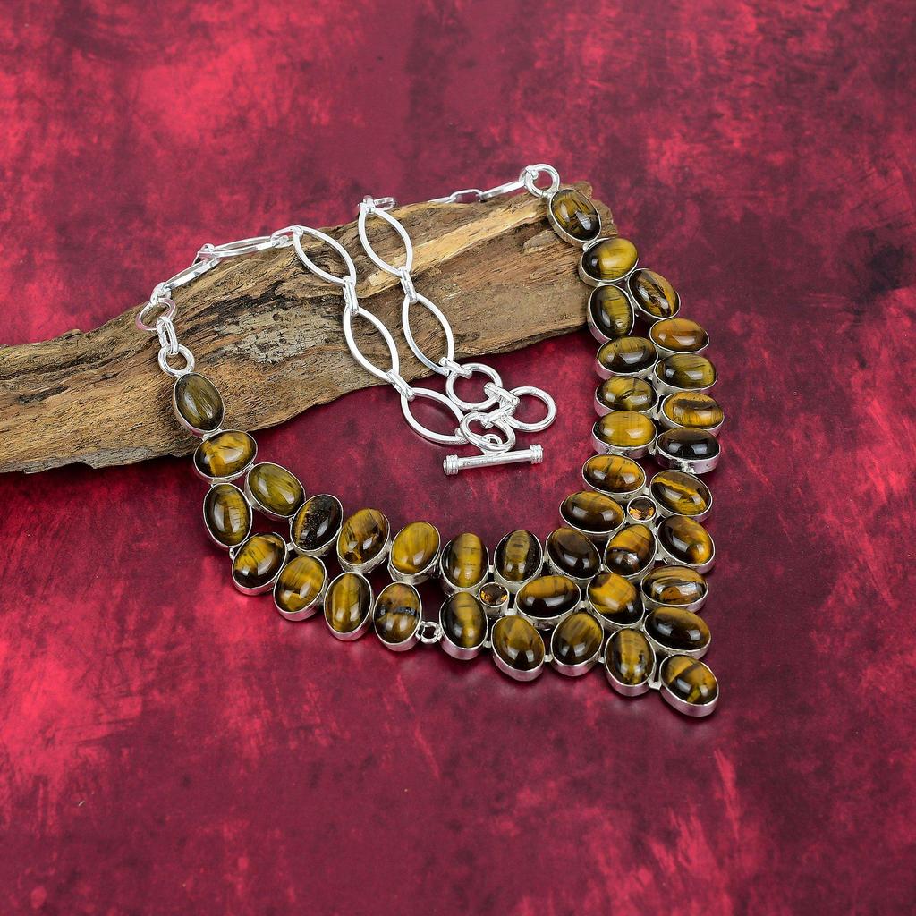 Tigerauge 925 Massiv Sterlingsilber Armband, Handgefertigte Edelstein-Halskette, Antikes Armband- & Halsketten-Schmuckset