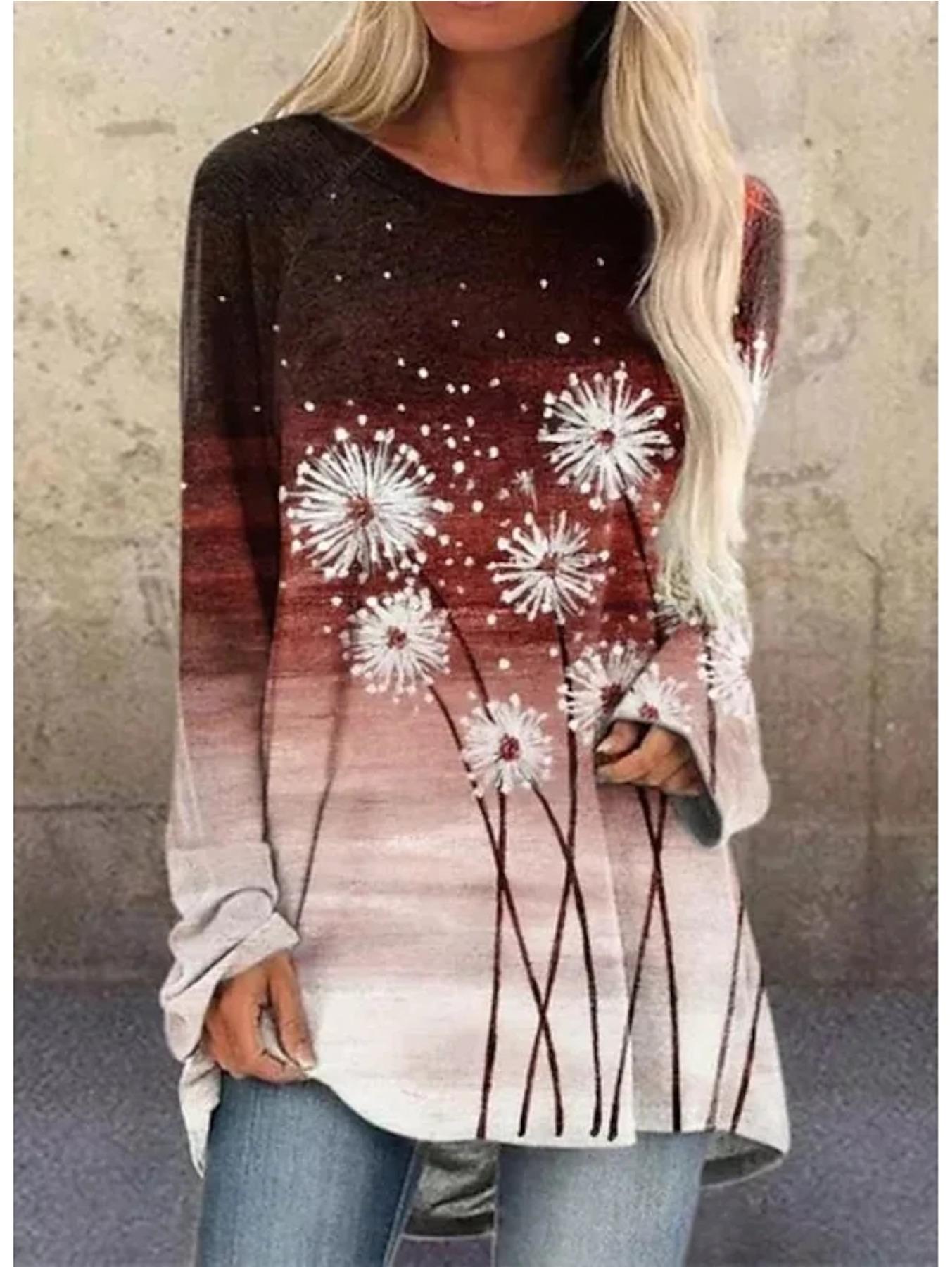 

Женская футболка больших размеров с блестящим принтом, удобная, с длинным рукавом, круглым вырезом, повседневная, свободного кроя, средней длины 8XL красный