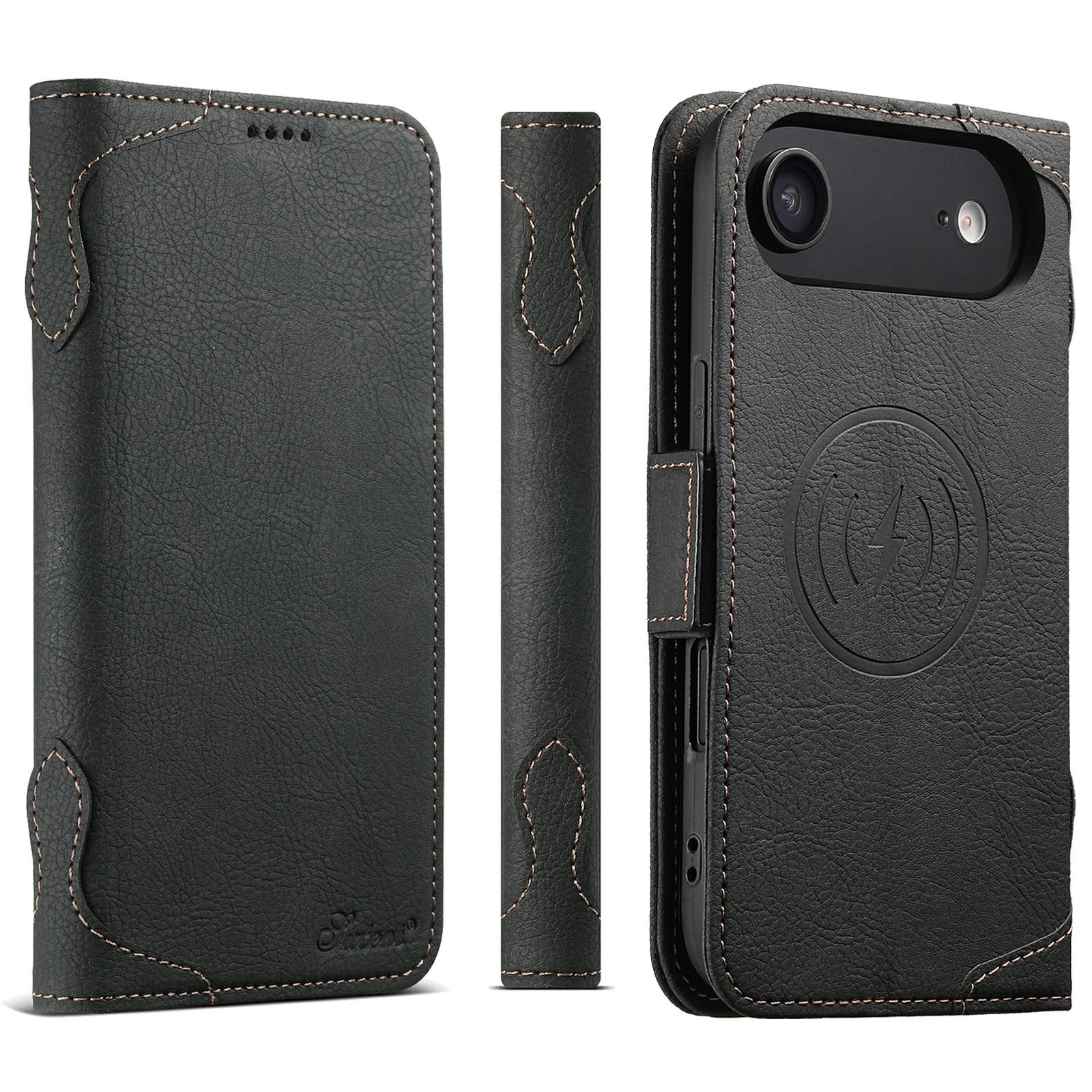 

SUTENI J07 For iPhone 17 Air Case Compatible with MagSafe Litchi Texture Leather Wallet Phone Cover Black