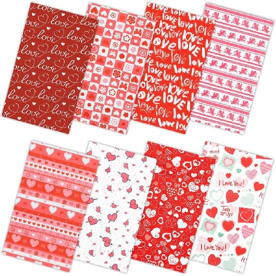 Valentine's Day Cotton Fabric Squares 20x20 Inch, 8PCS Valentine Fabric Heart Print Red Pink Patchwork Sewing for DIY Crafts Supplies, Gift Wrap for