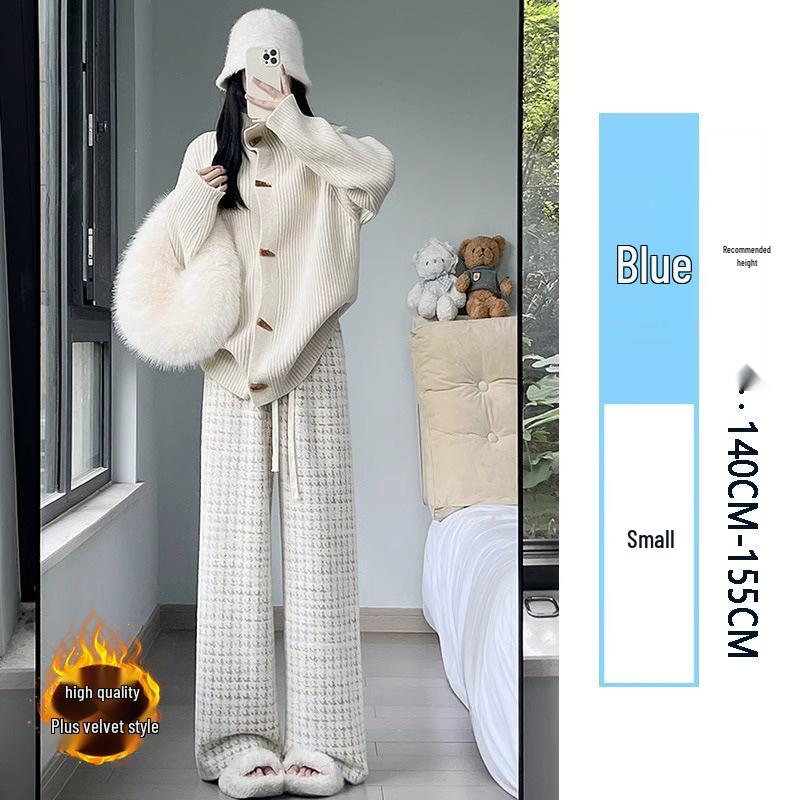 Women's High-Waist Plaid Houndstooth Velvet Pants - Coffee Blue, Wide-Leg, Wool Blend, Petite, for Autumn/Winter