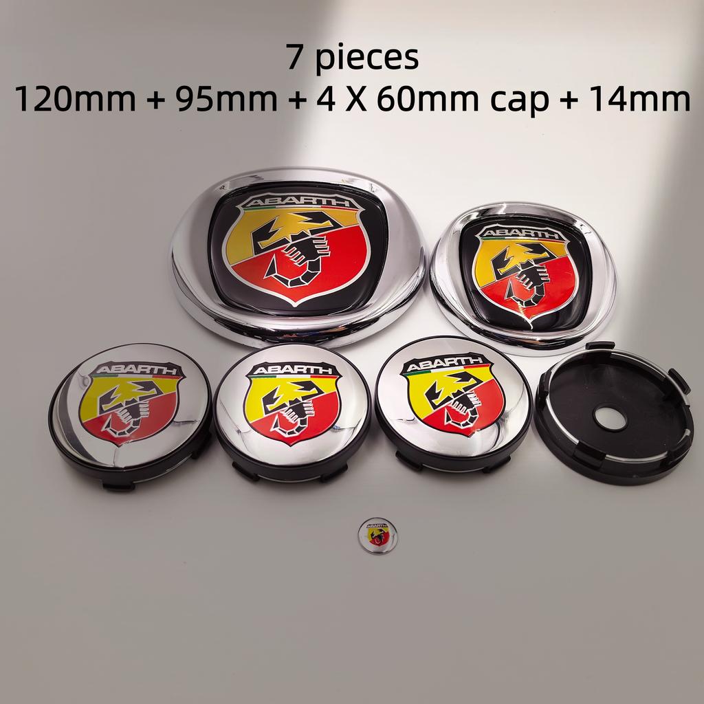 7pcs Fiat Abarth Car Front Hood Bonnet Badge 85/95/100/120mm Rear Trunk Boot Badge 10/12cm Hub Cap Wheel Center Cap 56/60mm