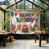 Floral Balloons Cake Birthday Banner for Party Decor, Polyester Backdrop for Photo Booth & Wall Art