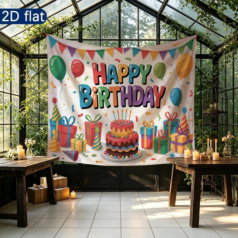 Floral Balloons Cake Birthday Banner for Party Decor, Polyester Backdrop for Photo Booth & Wall Art