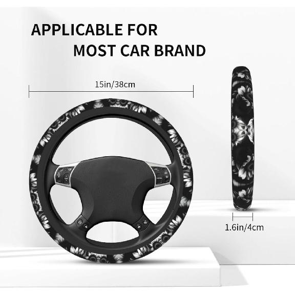 Black and White Sunflowers Print 15 Inch Universal Steering Wheel Cover,Car Accessories,for Cars,Suvs,and Trucks