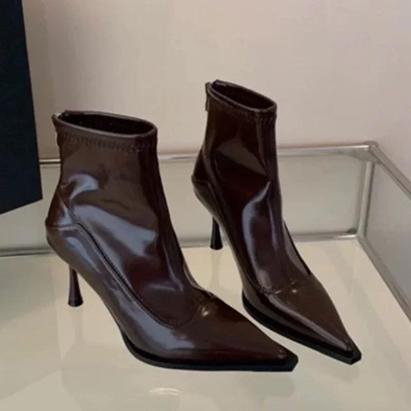 

2025 Горячая Распродажа Туфли для женщин Молния Женские Сапоги Осенние Острый Носок Твердые Короткие Ботинки На Высоком Каблуке Модные Ботинки В Корейском Стиле 35 коричневый