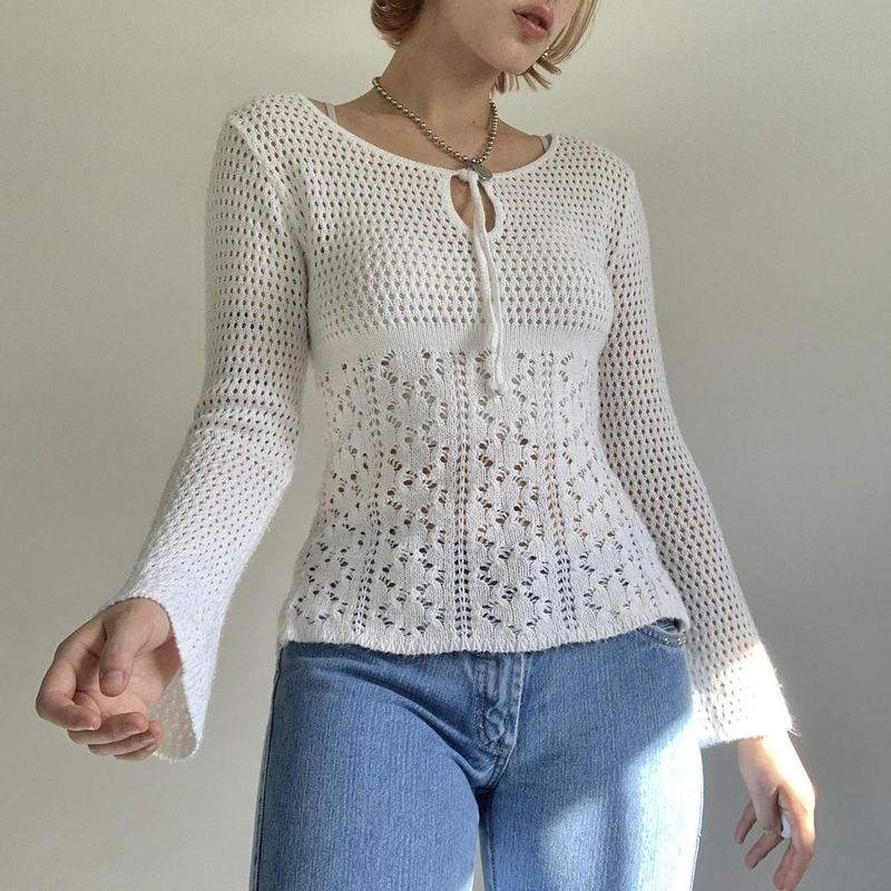 

Long Sleeves Slim Slim Hollow out Knit Long sleeve Slim fit Slimming Hollow out Knit White L
