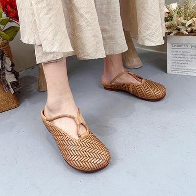 Genuine Leather Round Toe Slippers Women's Slip-on Shoes Casual Soft Sole Outside Slides