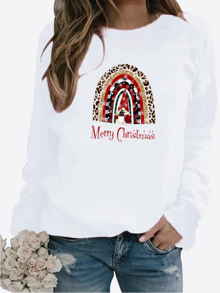 Toamnă și iarnă Pulover cu imprimare cu tema de Crăciun pentru femei, cu gât rotund, cu mânecă lungă, ocazional, mai sus
