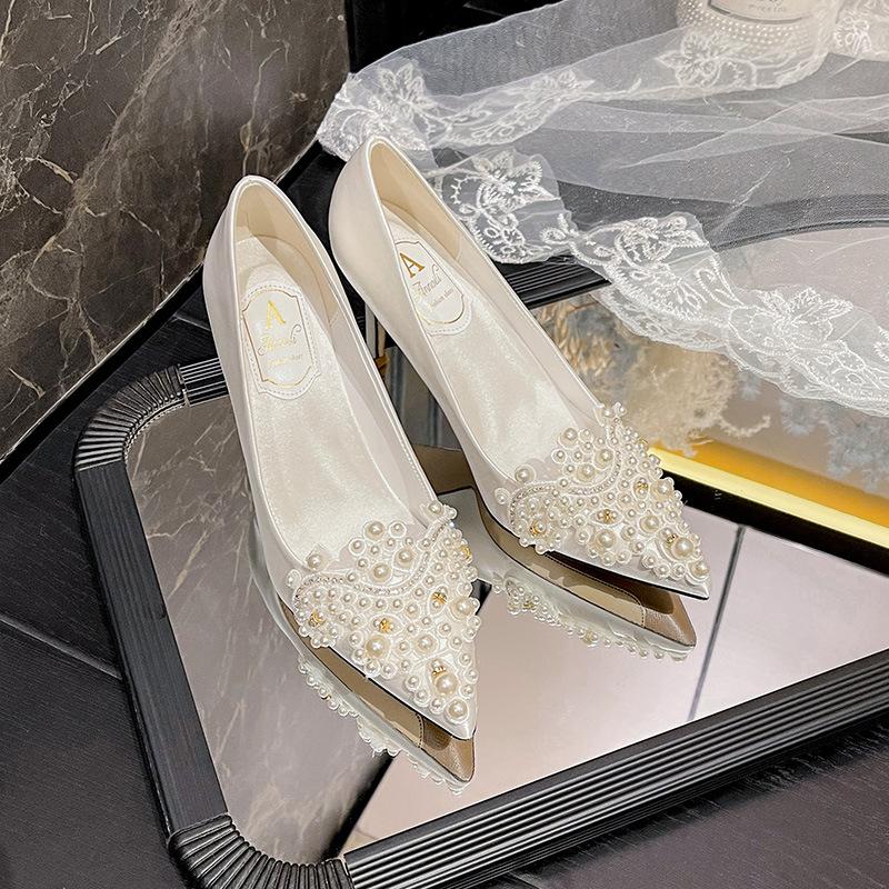 Fashion White Wedding Shoes for Bride Pointed Toe High Heels Rhinestone Pearl French Satin Bridal Party Shoes