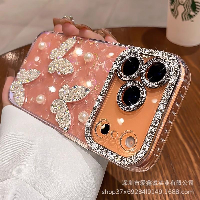 Rhinestone pearl butterfly is suitable for Apple 17Pro mobile phone case iphone16 with its own lens film 15 all-inclusive anti-drop.