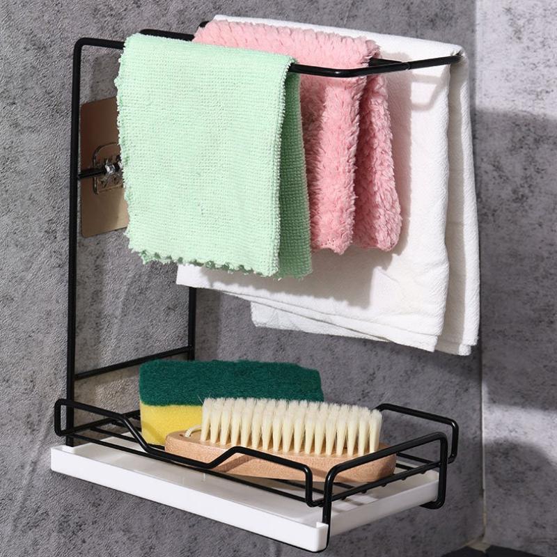 No Drill Wall-Mounted Kitchen Sponge Towel Holder Scouring Pads Drip Dry Rack Compact Organizer for Dishcloth Storage Space
