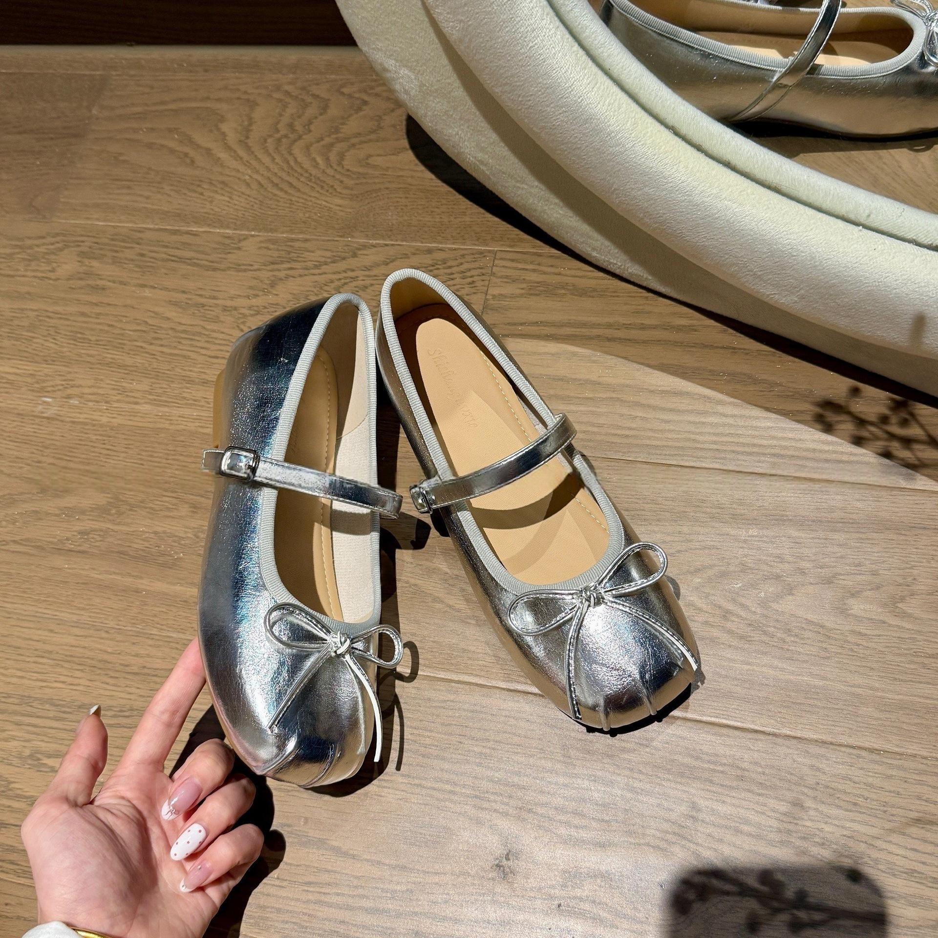 

Small version~ 4.5cm inner height increase! French fairy style bow light mouth single shoes women s soft-soled ballet shoes 39 серебряный