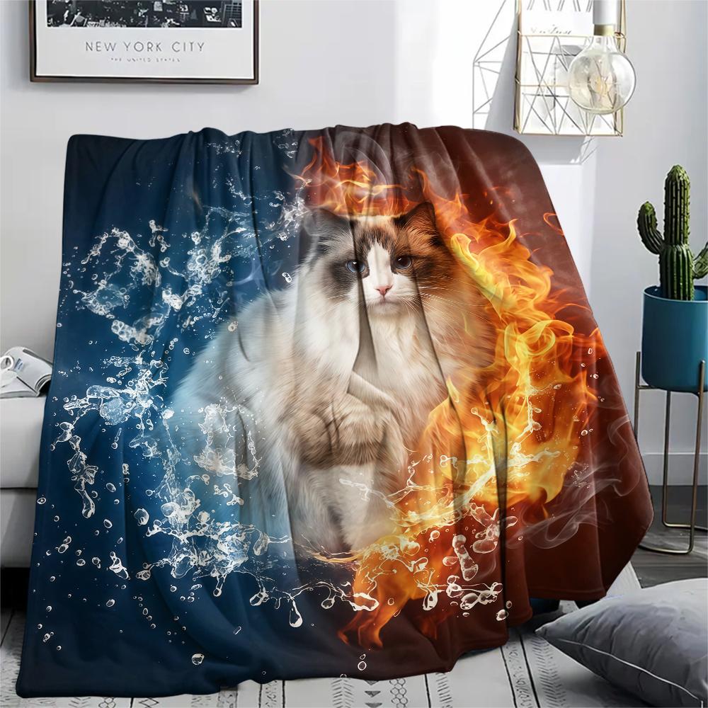 Blue Red Flame Cat Chicken DogPrint Flannel Blanket,High quality Comfortable for All Seasons,Home Decor,Warmth and Comfort,Perfect for Christmas Gifts