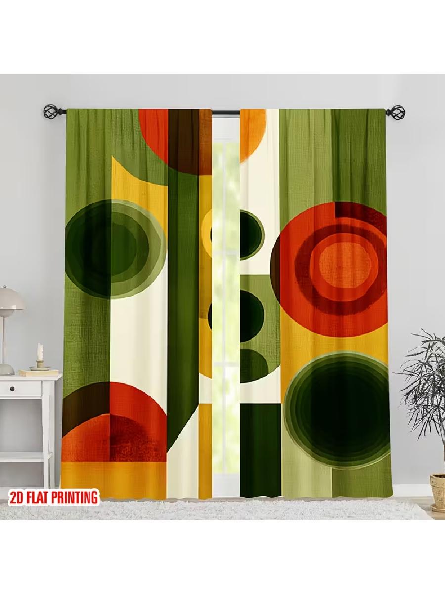 

2pcs Retro Geometric Circle & Striped Pattern Curtains, Designed for Light Blocking, Premium Material, Suitable for Living Room, 24x59in(60x150CM)x2&Rod Pocket