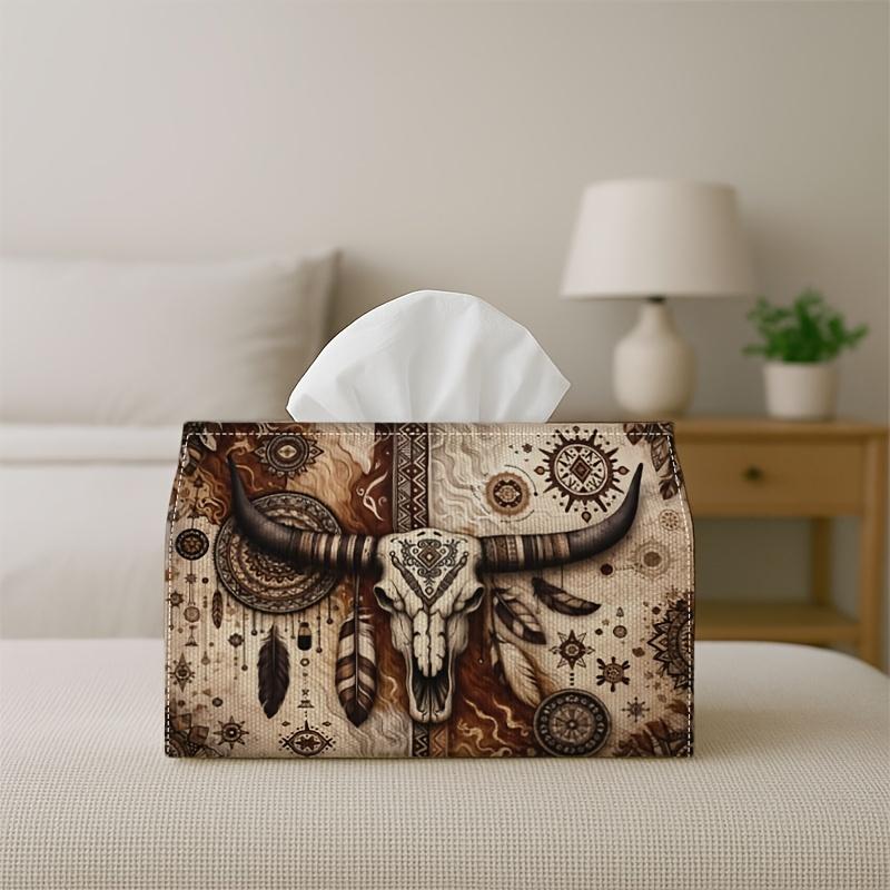 2D Flat 1pc Western Rustic Tissue Box - Bison Skull Floral Illustration Durable Decorative Storage Organizer for Kitchen, Living Room, Bedroom, Car, A