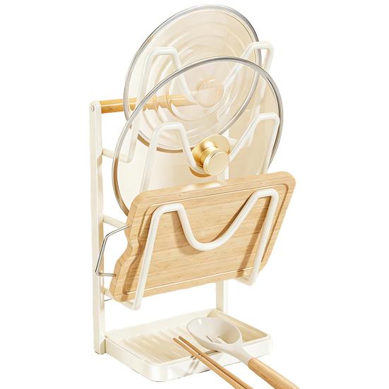 Küchen Topfdeckel Aufbewahrungsregal Kohlenstoffstahl Topfdeckelhalter beim Kochen Topfdeckelständer mit Löffelablage Abnehmbare Abtropfschale für Arbeitsplatte Pfannendeckel