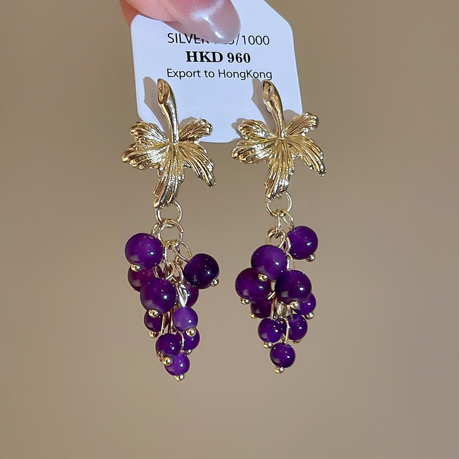 

Trendy Purple Color Glass Beads Grape Strand Tassel Leaf Long Drop Earrings for Women Gold Plated Copper Party Jewelry