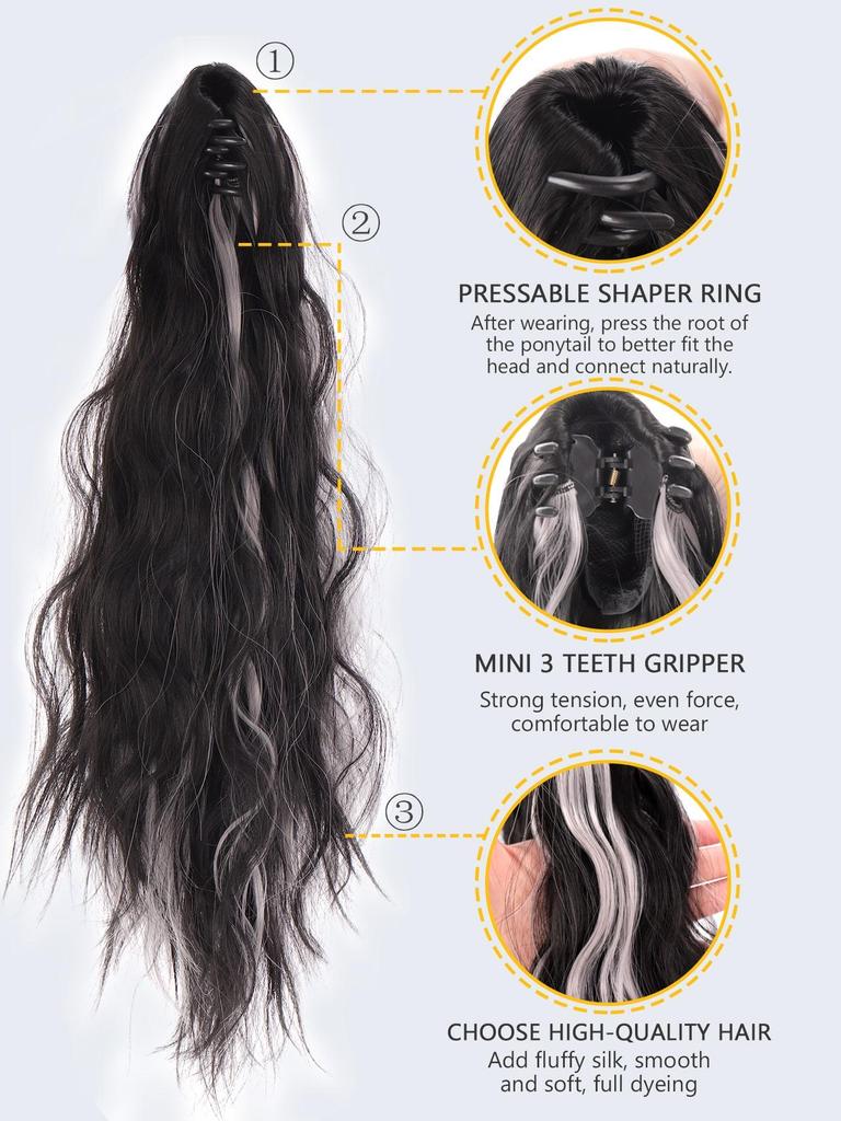 Black Dyed White Tea Grey Medium Long Curly Ponytail Hair Extensions