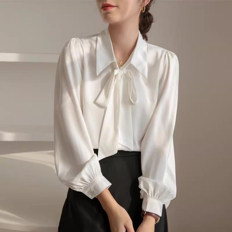 Women's Professional Chiffon Bow Shirt - Long Sleeve White Formal Top for Workplace and Interview