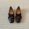 Sheepskin Version~ Cross-strap One-pedal Pig Nose Ballet Shoes Women's Retro Square Head Shallow Mouth Flat Bottom Mary Jane Single Shoes