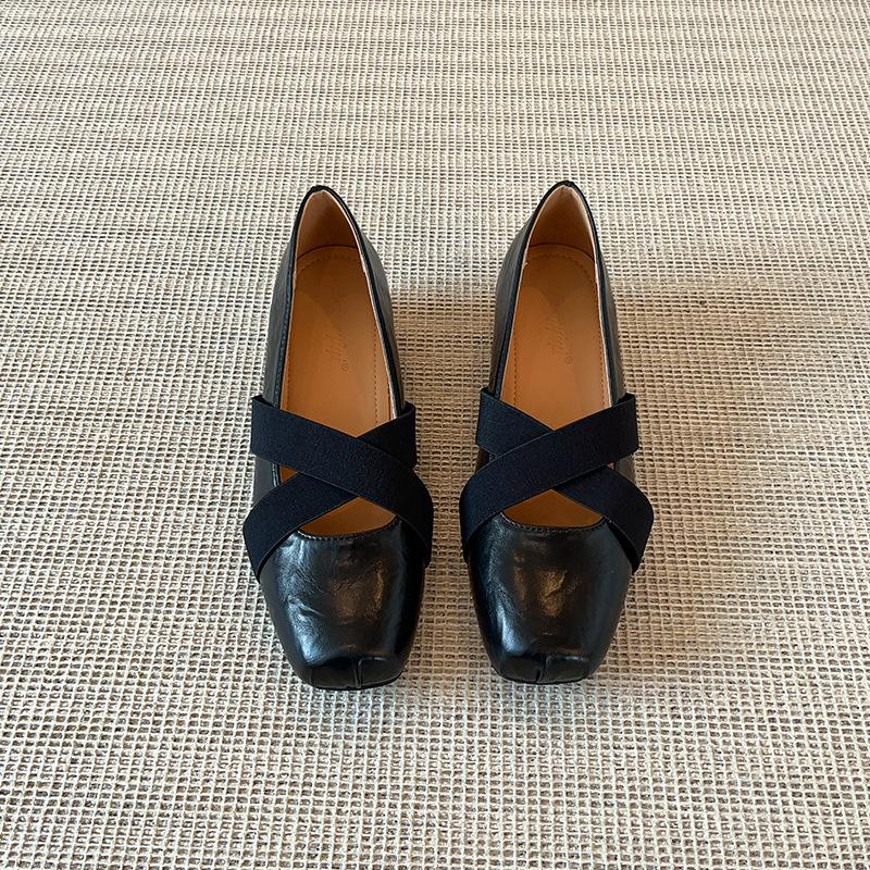 Sheepskin Version~ Cross-strap One-pedal Pig Nose Ballet Shoes Women's Retro Square Head Shallow Mouth Flat Bottom Mary Jane Single Shoes