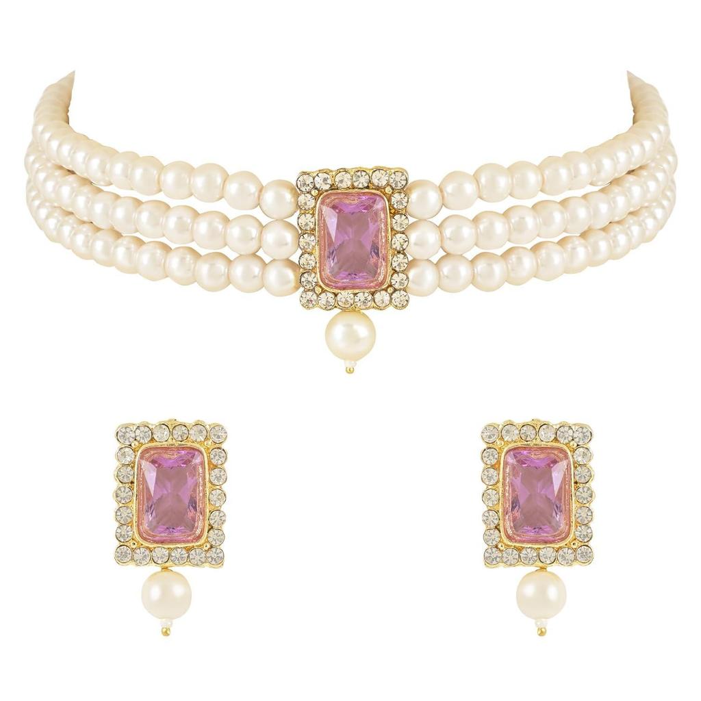 Gold Plated Traditional Stone Pearl Choker Necklace Jewellery Set For Women