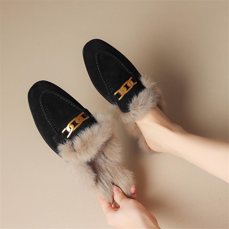 Fashion 2025 Winter Sheep Suede Women Shoes Rabbit Hair Mules Shoes for Women Round Toe Low Heel Slippers Chunky Heel Cover Toe Slippers