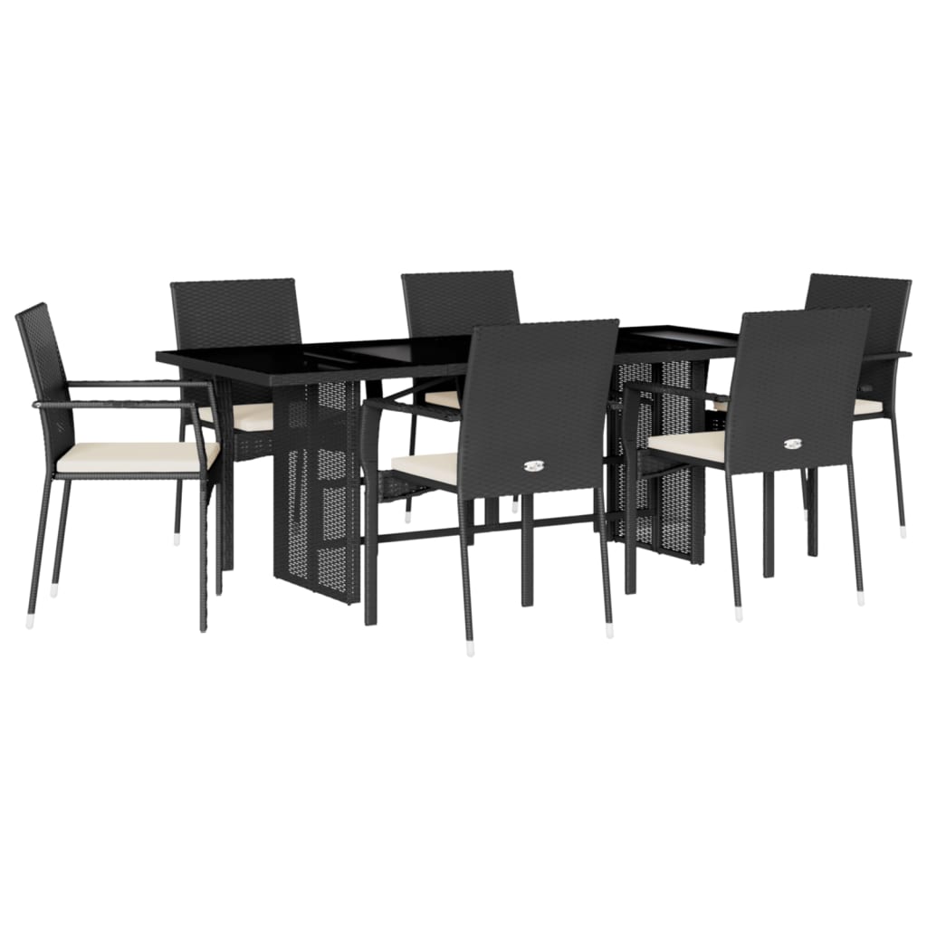 7 Piece Outdoor Dining Set with Cushions Black Poly Rattan