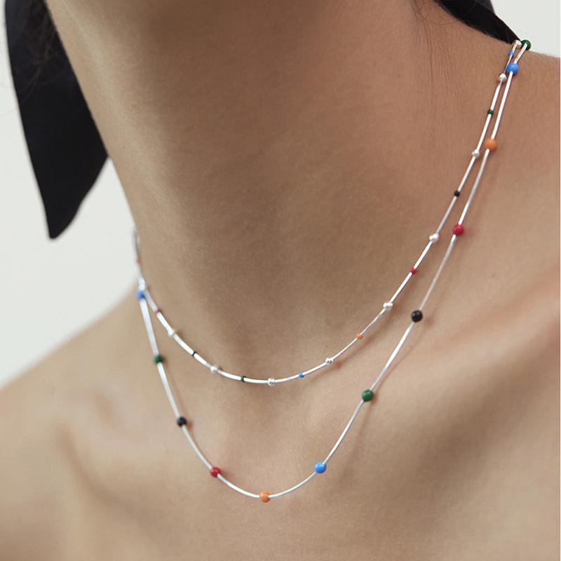 925 Sterling Silver Summer Rainbow Beads Chain Choker Necklace for Women's Fashion Stacked For Korea Simple Collar Fine Jewelry