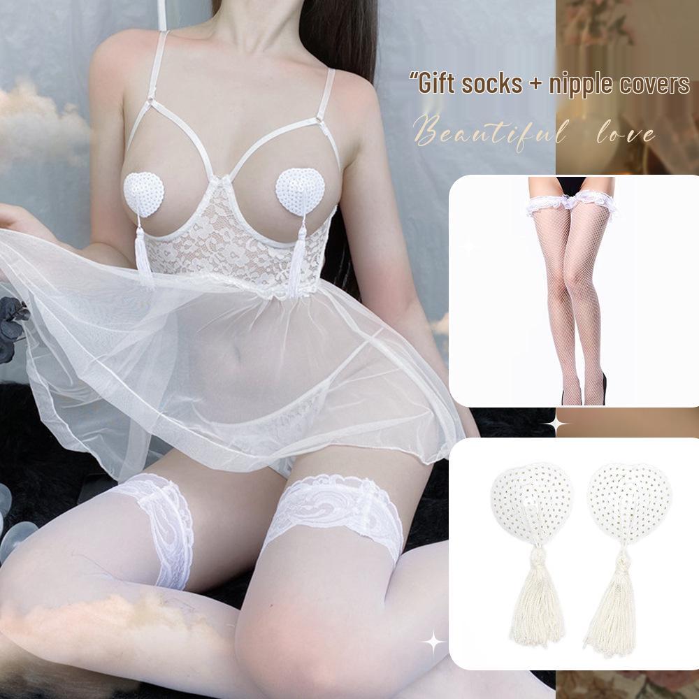 Transparent Erotic Lingerie Set with Underwire and Open Crotch - Removable Sleep Dress for Small Chest