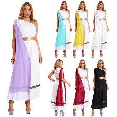 Womens Greek Roman Empress Costume Golden Toga Dress Sleeveless High Waist Tunic Halloween Cosplay