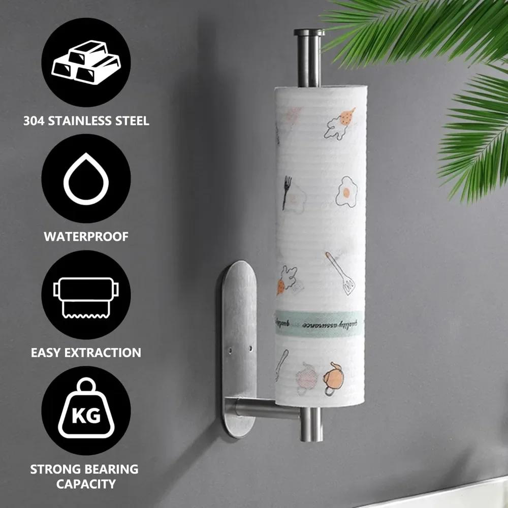 Stainless Steel Paper Towel Holder, Self-adhesive Kitchen, Paper Roll Holder, Bathroom, Non-punched, Extended Storage Shelf