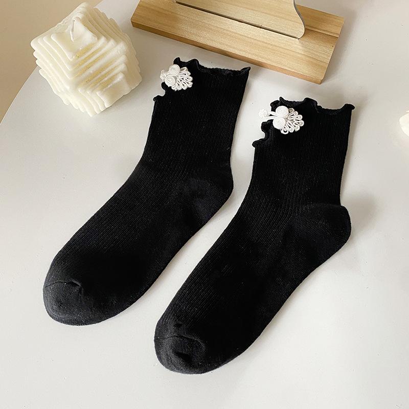 Chinese-style Cheongsam-style Lady's Socks with Retro Wooden Ear Embellishments, Mid-calf Length Socks, Trendy Plain-colored Women's Socks.