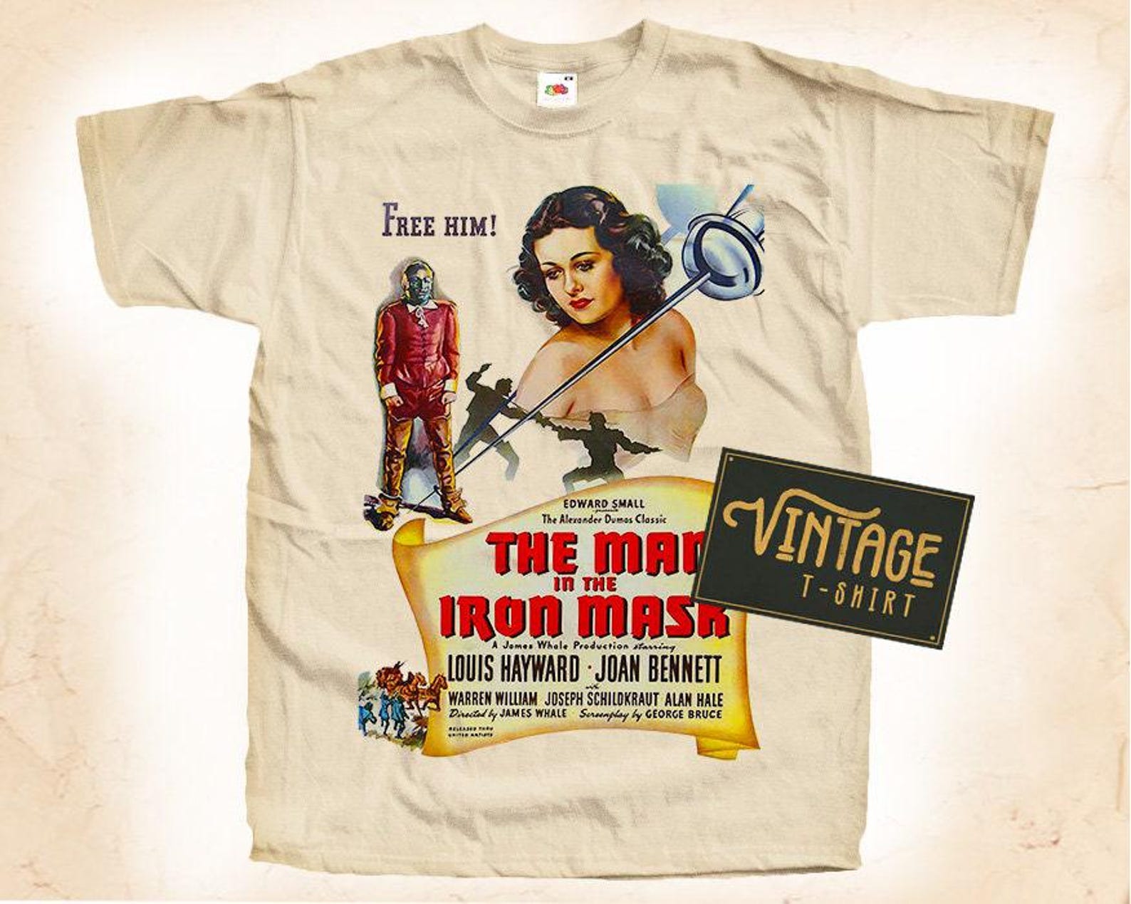 The Man in the Iron Mask T-Shirt Tee Natural Vintage Cotton Movie Poster Beige All Sizes S M L XL 2X 3X 4X 5X 2XL