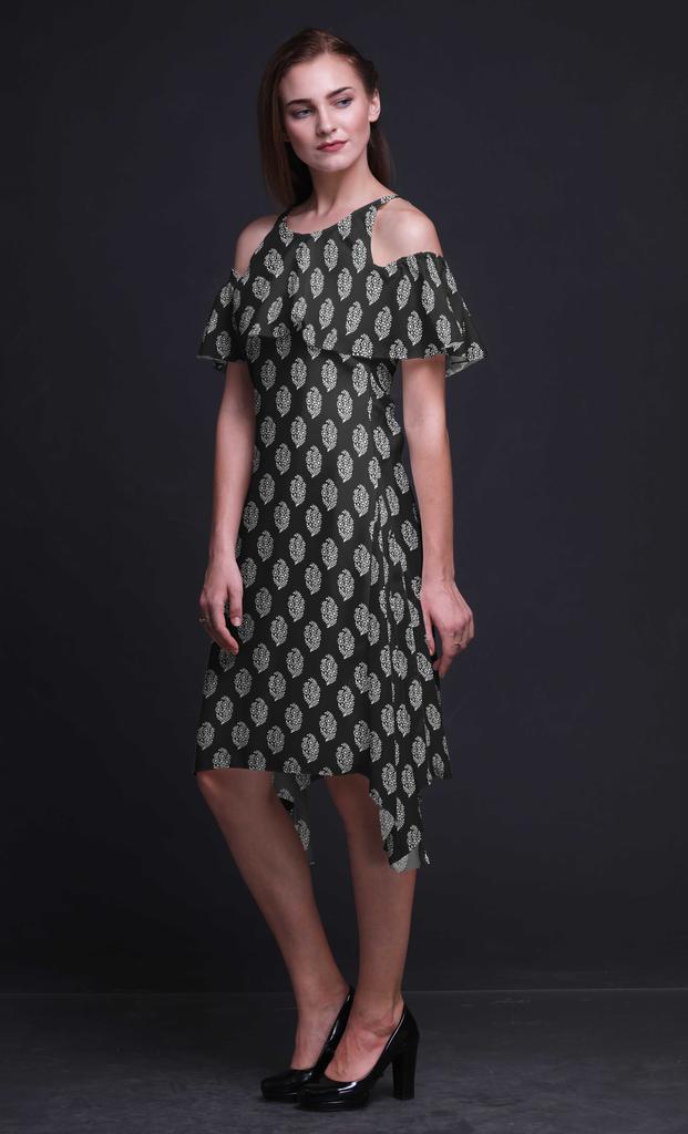 Bimba Block Print Cold Shoulder Women Swing Tunic Flutter Sleeve Midi